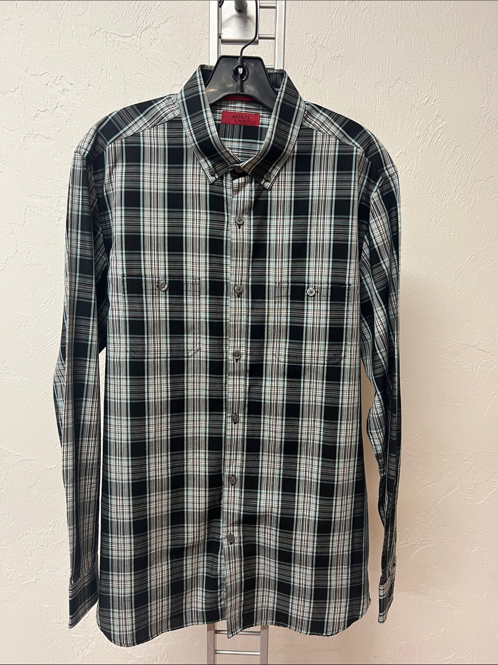 Alfani Slim Fit Long Sleeve Black and Aqua Plaid Button-Down Dress Shirt Size M